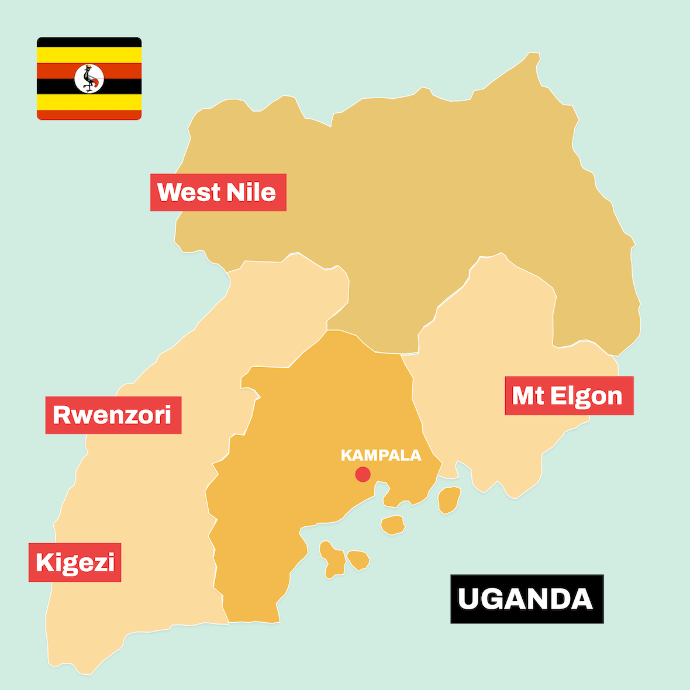 Map of Uganda with coffee region