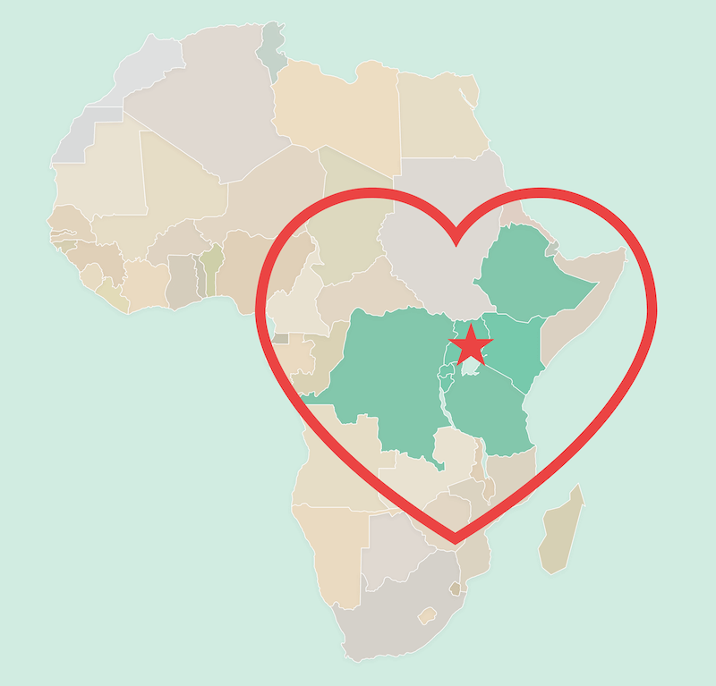 Africa map with an heart over East Africa